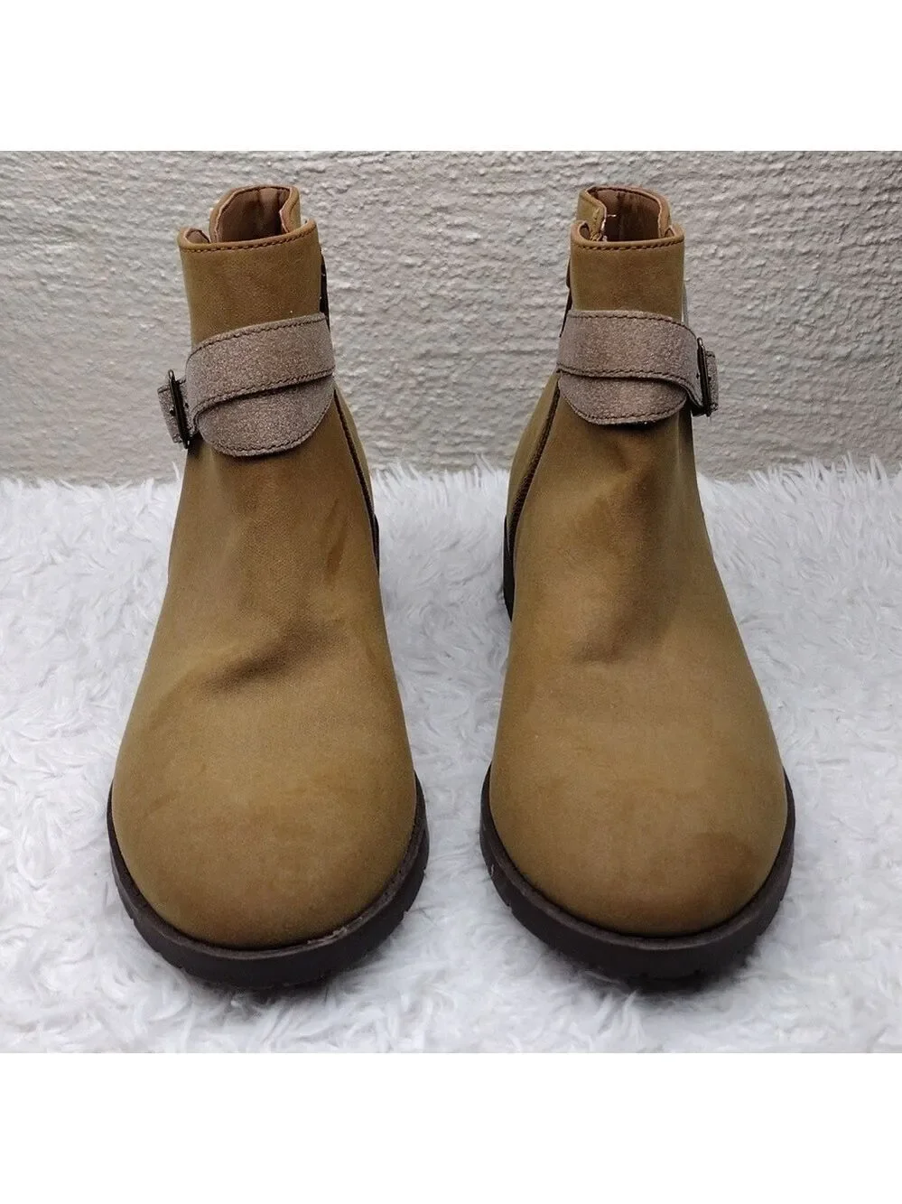 Lands' End Brown Suede Leather Dual Buckle Strap Almond Toe Side Zip Ankle Boot